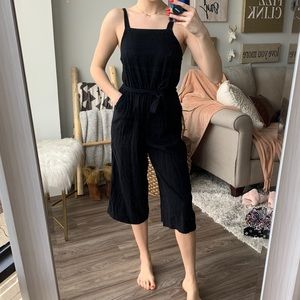 Black Tie Waist Wide Leg Cropped Jumpsuit